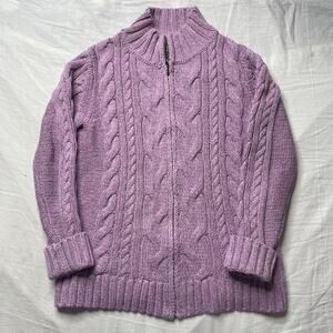 L.L. Bean Purple Full Zip Cable Knit Sweater Medium Women's Chunky Cozy Cotton
